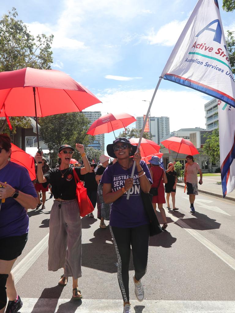 Hundreds of Territorians marched through Darwin for the annual May Day march, celebrating union victories including the eight-hour work week, on Monday, May 5. Picture: Zizi Averill