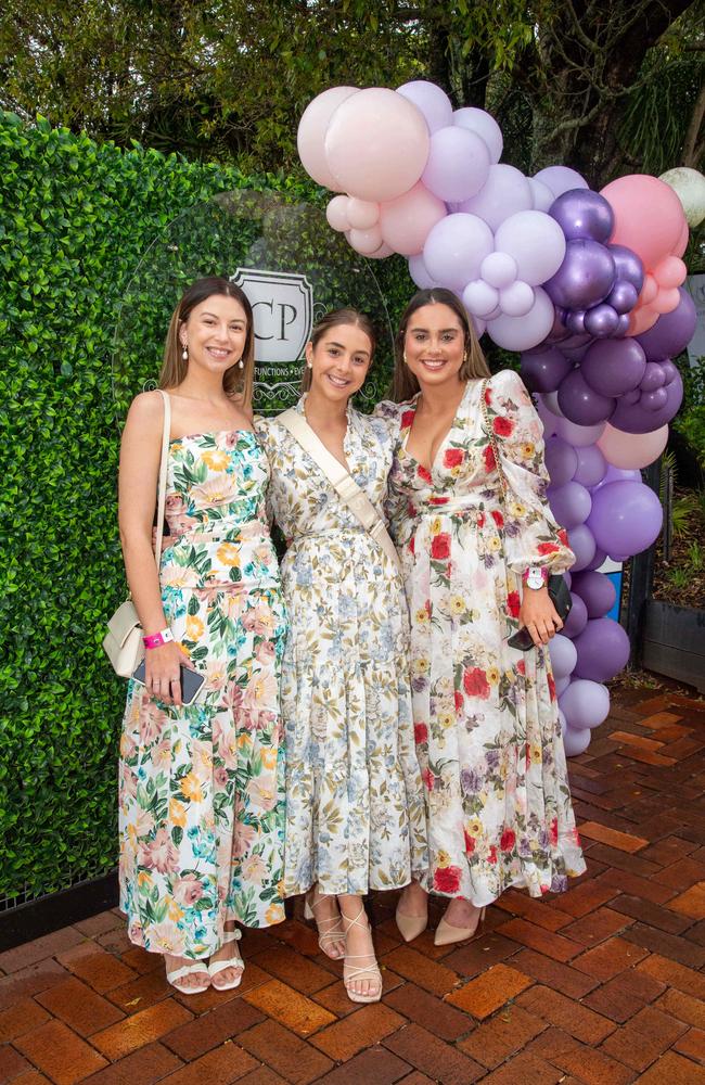 (From left) Jade Hunkin, Maddison Duggan and Emily Duggan. Weetwood Raceday at Toowoomba Turf Club. Saturday, September 28, 2024. Picture: Nev Madsen.