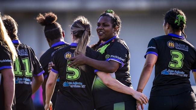 The Palmerston Raiders women celebrate as they beat the Litchfield Bears in the 2024 NRL NT prelim final. Picture: Patch Clapp / NRL NT