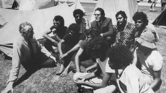 Whitlam at the Aboriginal tent embassy set up on lawns of Parliament House in 1976.