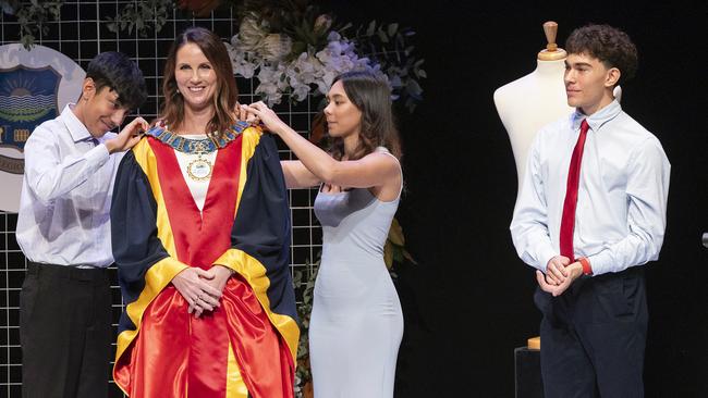 Cairns mayor Amy Eden wears the new mayoral robes purchased for the declaration of office ceremony held at Cairns Performing Arts Centre last week. (Supplied)