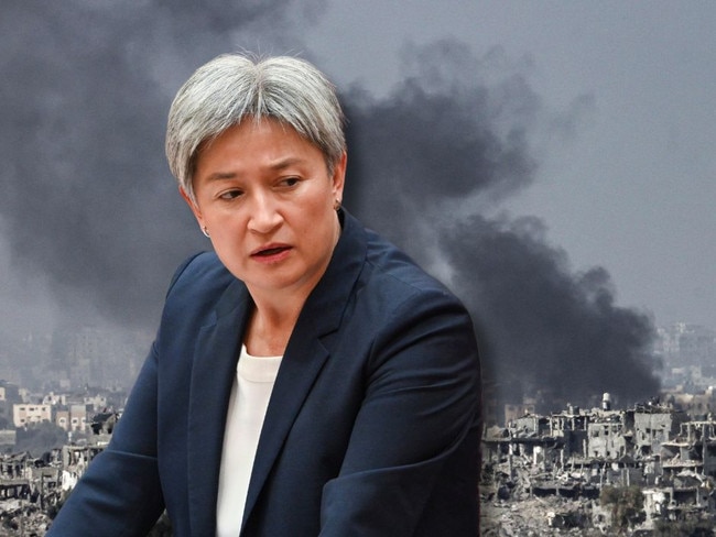 Penny Wong; scenes of destruction in Gaza.