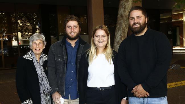 Merryn Bertus’s mother Maree McKelvey with her grandchildren Nick, Hayley Bertus and Luke Bertus outside Parramatta Local Court, where they were relieved a sentence had been delivered. Picture: John Appleyard