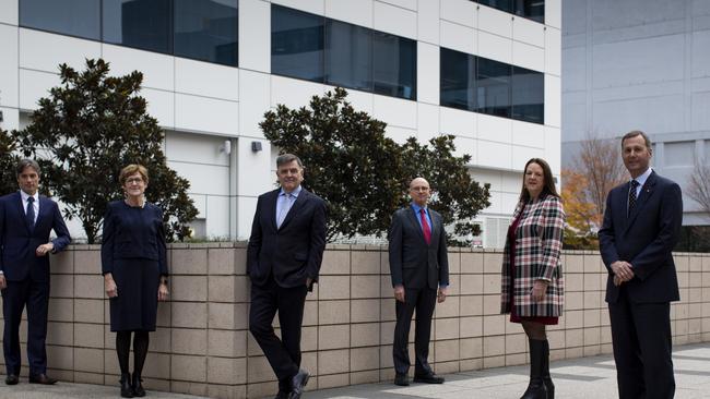 Australian Government medical officers Nick Cosworth, Jenny Finamn, Chief Medical Officer Brendan Murphy, Paul Kelly, Alison McMillan and Michael Kidd. Picture; Sean Davey.