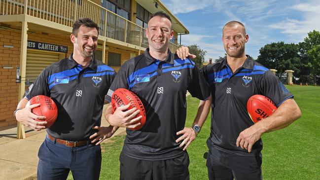 New look Unley Football Club coaching panel (L-R) Assistant coach Jimmy Harrison, Former Goodwood coach Adam Jeffries and Ex-Crows AFL great and former Port assistant coach Scott Thompson. Picture: Tom Huntley