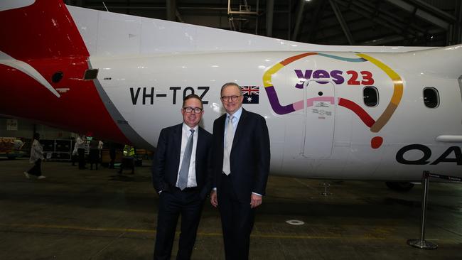 Prime Minister, Anthony Albanese, right, with former Qantas chief executive Alan Joyce at the launch of the airline’s Yes campaign for the failed Voice referendum in 2023. Picture: Gaye Gerard/NewsWire