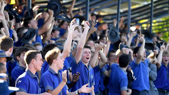 Churchie fans celebrate a try. First XV rugby union between home team Churchie and TSS. Saturday July 24, 2021. Picture, John Gass