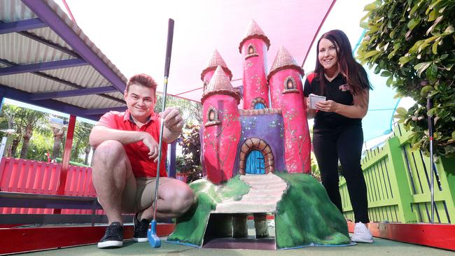 Manager of Putt Putt Mermaid Beach Collette Harvey with the Treasurer of the Australian Mini Golf Federation Brodie Devencorn. The venue has recently added a bar. Picture: Richard Gosling.