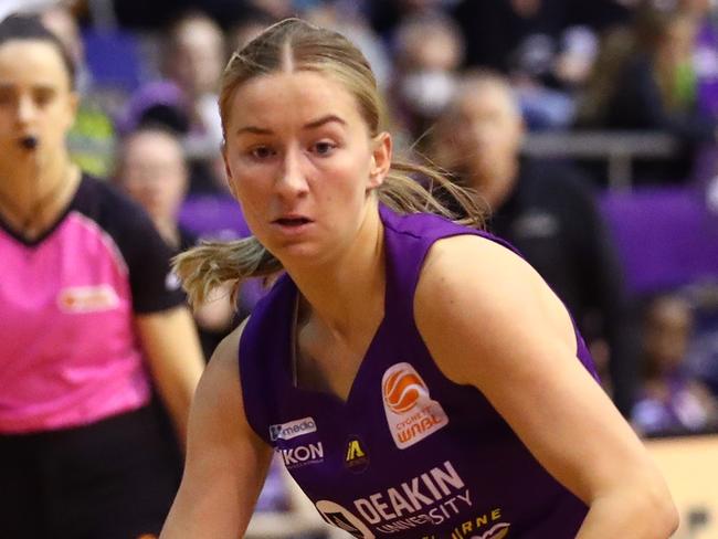 MELBOURNE, AUSTRALIA - NOVEMBER 20: Paige Burrows of the Boomers handles the ball during the round three WNBL match between Melbourne Boomers and UC Capitals at Melbourne Sports Stadium, on November 20, 2022, in Melbourne, Australia. (Photo by Kelly Defina/Getty Images)