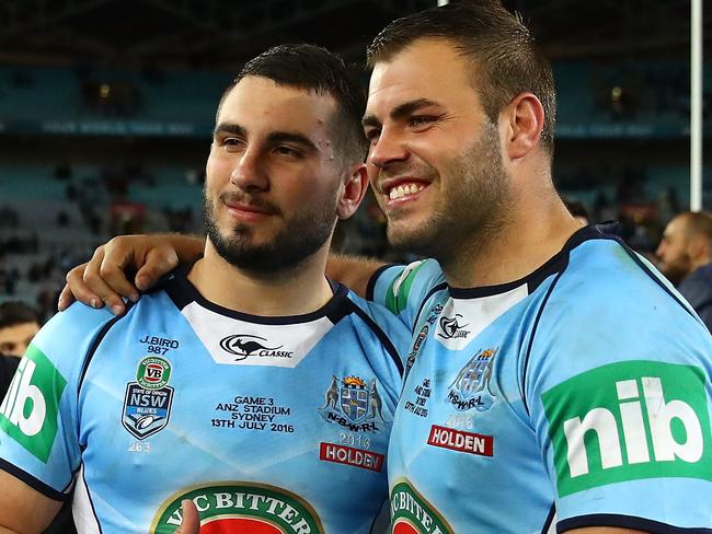 SYDNEY, AUSTRALIA - JULY 13: Jack Bird of the Blues and Wade Graham of the Blues celebrate winning game three of the State Of Origin series between the New South Wales Blues and the Queensland Maroons at ANZ Stadium on July 13, 2016 in Sydney, Australia. (Photo by Cameron Spencer/Getty Images)