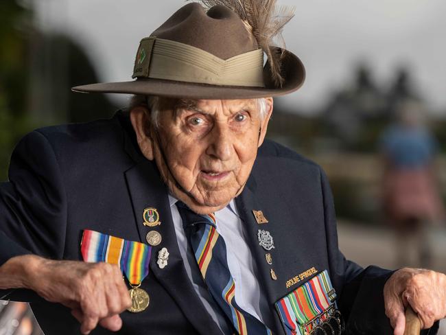 Portrait of Australian World War 2 digger, Allan Godfrey, 99-year-old with his Light Horse hat and feather and medals. Picture: Tony Gough