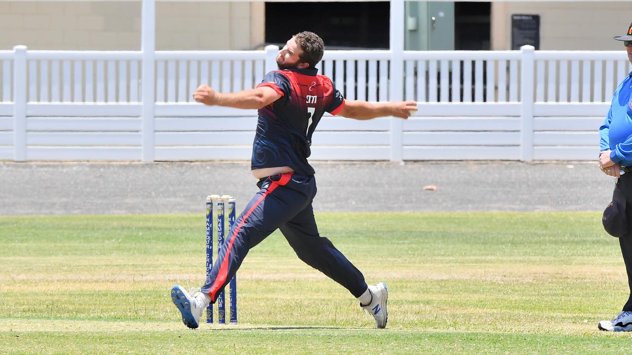 Maroochydore’s Callum Stitt claimed the first wicket of the one-day grand final against Caboolture in the opening over. Picture: John McCutcheon