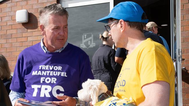 Council candidate Trevor Manteufel (left) and Mayoral candidate Geoff McDonald.Toowoomba East State School booth.TRC election Saturday March 16, 2024. Picture: Bev Lacey