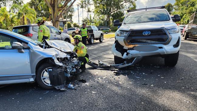 A sedan collided head-on with a ute after earlier taking out a parked boat and trailer in Sawtell on Wednesday, January 8. Picture: Facebook