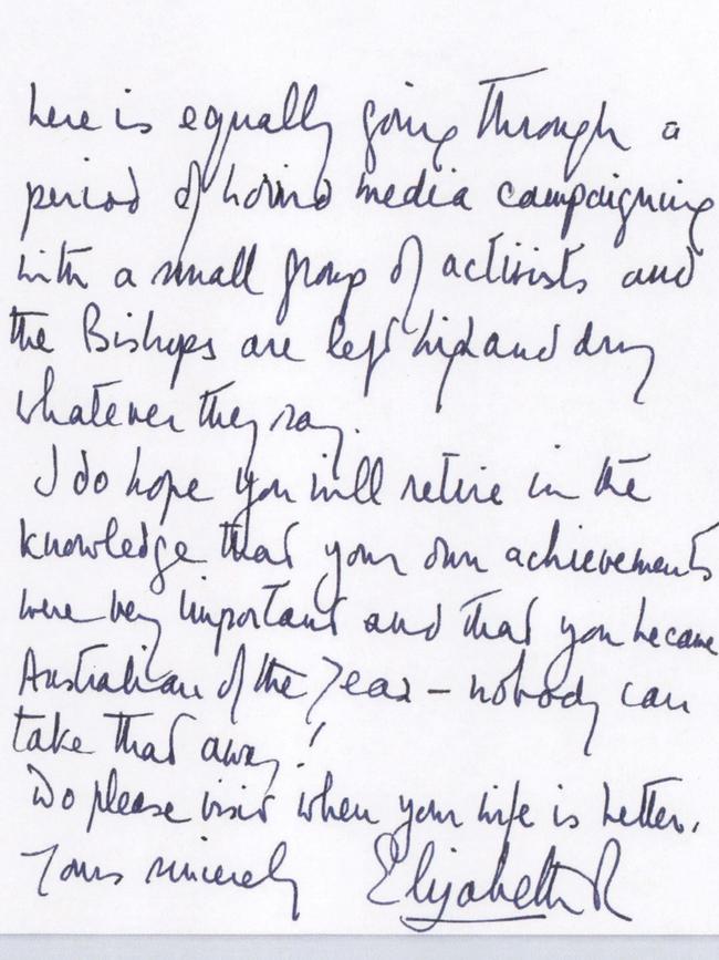 Handwritten letter of response from Her Majesty the Queen, addressed to Peter Hollingworth, dated July 15th, 2003. Picture: National Archives of Australia