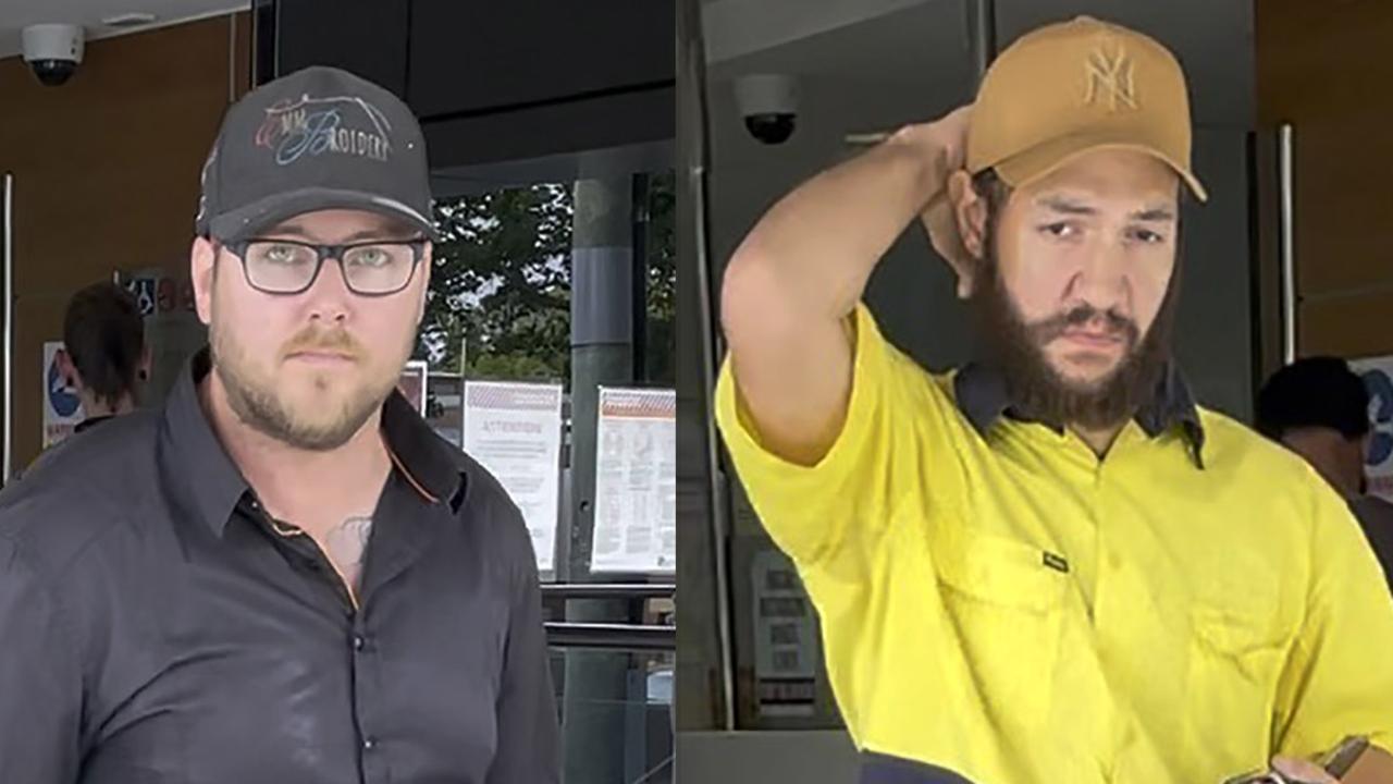 Nicholas Jensen and Jason Downie leave Toowoomba Courthouse after being sentenced for setting fire to bushland with fireworks.