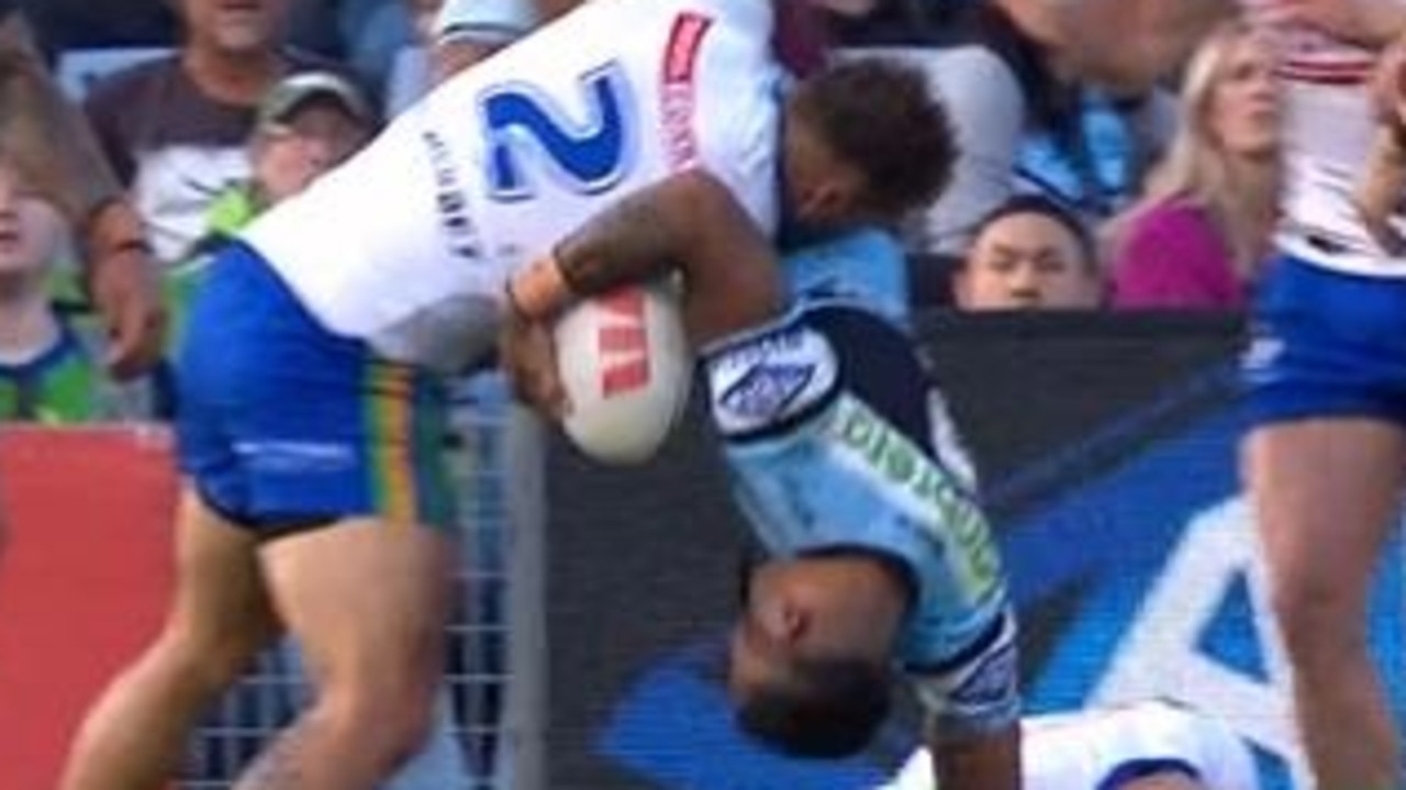 Raiders star Sebastian Kris was sent off for this shocking spear tackle on Sione Katoa. Picture: Fox League.