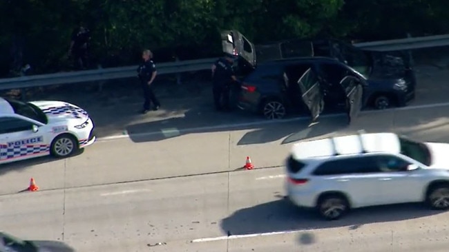 The alleged stolen car is intercepted on the Pacific Motorway. Picture: Nine News