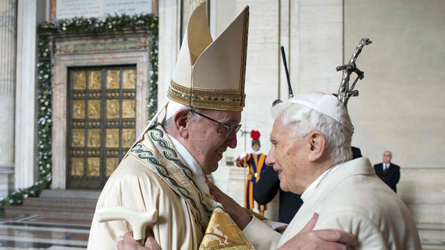 Francis welcomes Benedict to the Vatican in December 2015. Picture: AFP