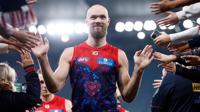 MELBOURNE, AUSTRALIA - MAY 26: Max Gawn of the Demons celebrates with fans during the 2024 AFL Round 11 match between Narrm (Melbourne) and Euro-Yroke (St Kilda) at The Melbourne Cricket Ground on May 26, 2024 in Melbourne, Australia. (Photo by Michael Willson/AFL Photos via Getty Images)