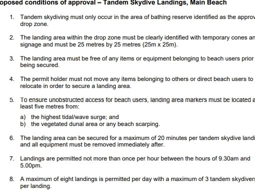 Conditions of approval for a skydive attraction at The Spit on the Gold Coast.