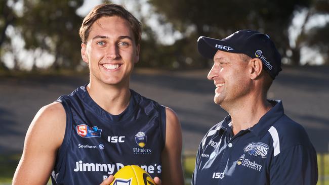 Former South Adelaide AFL Zac Dumesny with his dad and mentor, Duane Dumesny in Noarlunga Downs, in 2020, before undergoing critical surgery. Picture: Matt Loxton