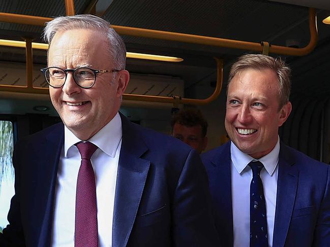 Premier Steven Miles and Prime Minister Anthony Albanese ride on the light rail on the Gold Coast. Pics Adam Head