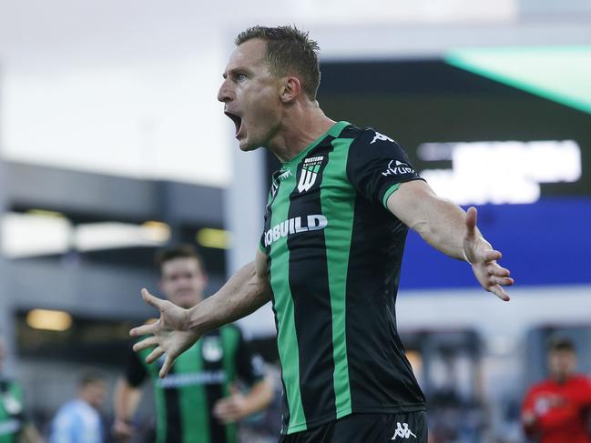Besart Berisha levels the scores from a penalty for United. Western United v Melbourne City. Picture: Alan Barber