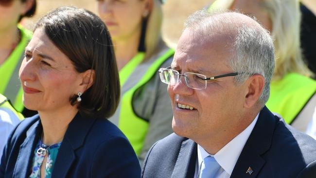 NSW Premier Gladys Berejiklian said she wanted to “run her own race” but was joined by Scott Morrison on the campaign trail on Monday. Picture: AAP Image/Mick Tsikas