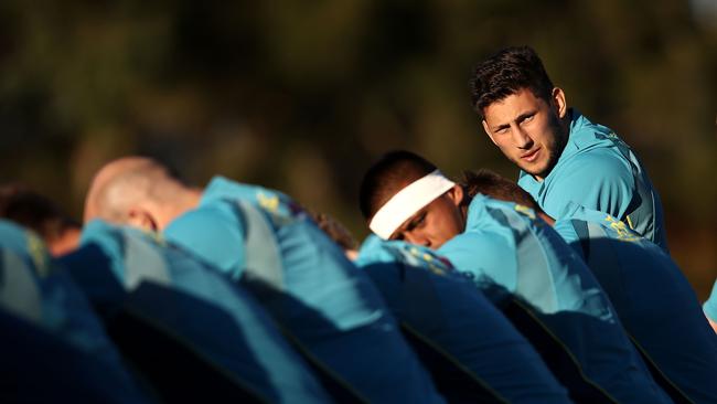 Adam Coleman looks on during a Wallabies training session.