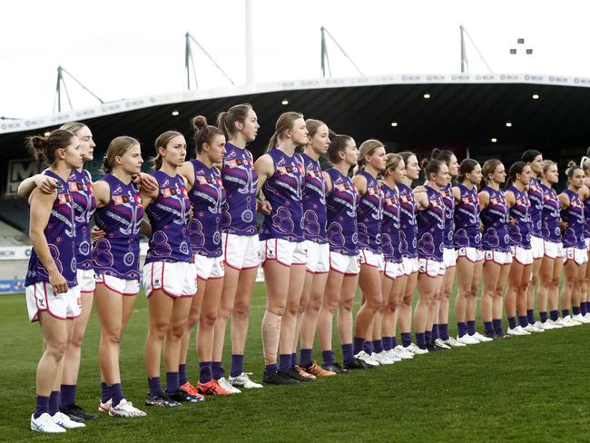 Fremantle (picture) and Western Bulldogs players will be the only AFLW teams to participate in a minute’s silence this weekend. Picture: Darrian Traynor/Getty Images