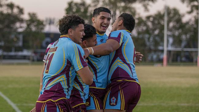 Langer Cup: Keebra Park SHS celebrate after Tuvalli Khan-Pereira crosses over the line in the match against Marsden SHS at Southport Tigers home ground Owen Park on Wednesday. Picture: Jerad Williams