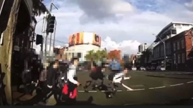 Dashcam footage of the moment just three schoolboys were hit by Vansh Khanna’s Uber Eats car on the Pacific Highway at Crows Nest on May 18, 2023. Source: Supplied