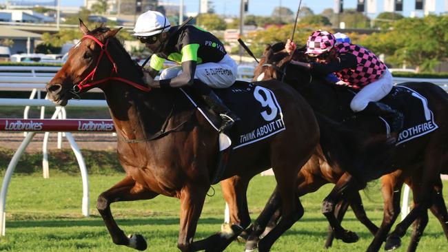 Think About It storms to victory in the Group 1 Stradbroke Handicap in June. Picture: Grant Guy