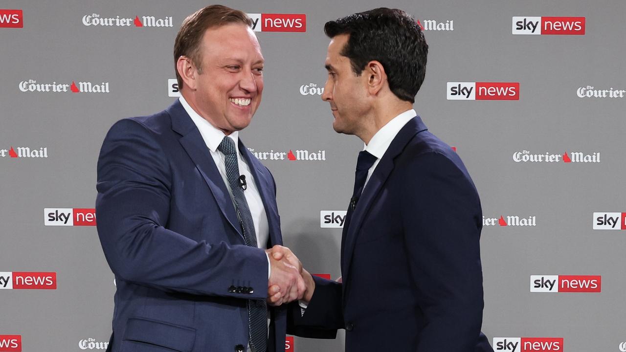 Queensland Premier Steven Miles and Opposition Leader David Crisafulli went head to head in the final election debate in front of 100 undecided voters at Suncorp Stadium. Picture: NewsWire / POOL/ Adam Head