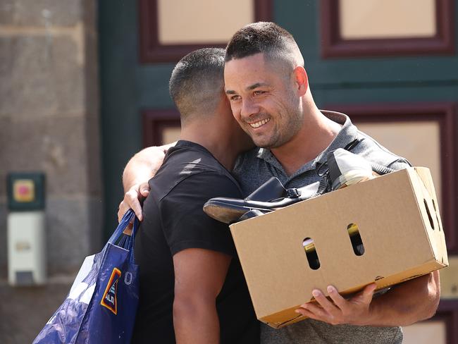 Jarryd Hayne was hugged by a man when he exited the prison. Picture: NCA NewsWire / Gary Ramage.