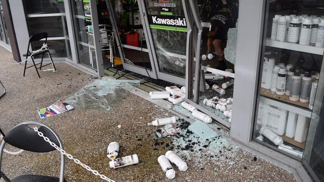 Damage left after a stolen LandCruiser rammed and raided Mackay Kawasaki on Wednesday morning. Photo credit: Steph Allen.