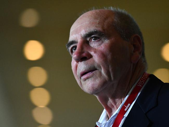 Former Reserve Bank of Australia Governor Bernie Fraser at a press conference at Parliament House in Canberra, Wednesday, October 17, 2018. (AAP Image/Mick Tsikas) NO ARCHIVING