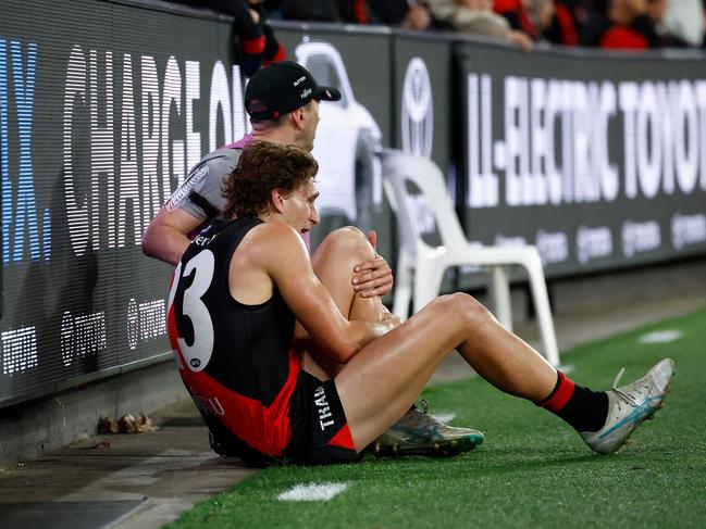 Harrison Jones holds his leg in pain. Picture: Getty Images