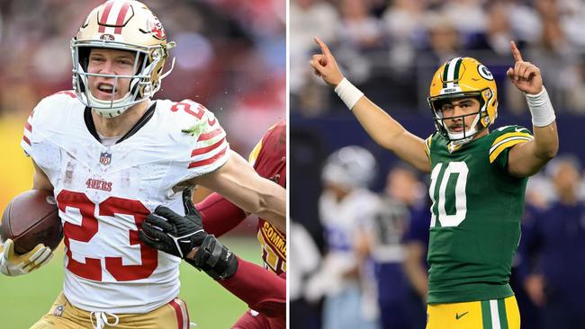 Christian McCaffrey of the San Francisco 49ers (L) and Jordan Love of the Green Bay Packers (R) face off. Pictures: Greg Fiume/Getty Images and Ron Jenkins/Getty Images