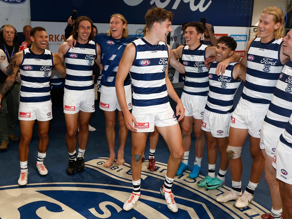 Connor O'Sullivan in the circle after his first game. Picture: Michael Willson/AFL Photos via Getty Images