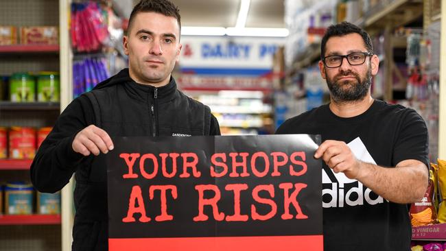 Ben Adili from Dandenong IGA and Mina Dawood from Amalia Europe Cheese Cafe Deli are fighting the possible arrival of supermarket giant Kaufland to the area. Picture: Penny Stephens