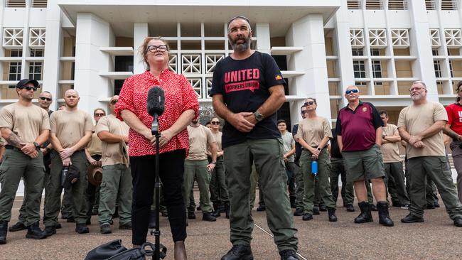 United Workers Union NT secretary Erina Early standing outside NT Parliament House with more than 40 Corrections officers on Tuesday February 11, 2025. Picture: Pema Tamang Pakhrin