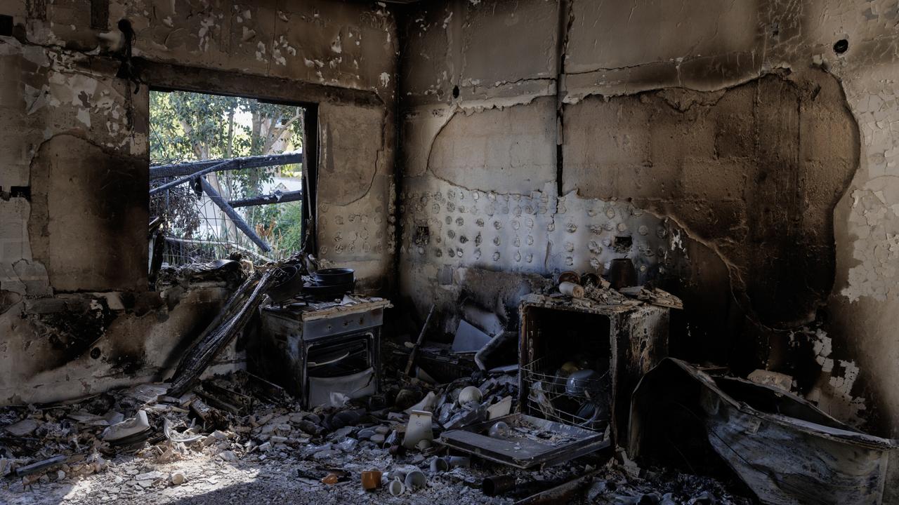 A burnt-out property at Kibbutz Nir Oz. Picture: Dan Kitwood/Getty Images