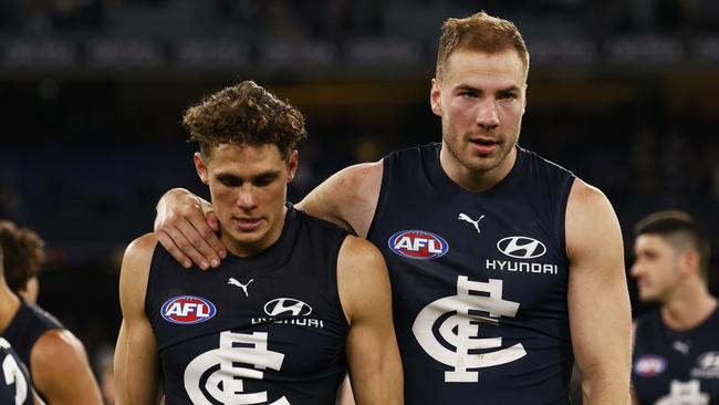 Carlton forwards Charlie Curnow (ankle) and Harry McKay (quad) face injury concerns ahead of Carlton’s important trip to Perth. Picture: Daniel Pockett / Getty Images