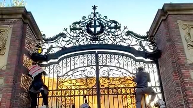 Harvard protesters: A screen capture from a video posted Saturday by Harvard Out of Occupied Palestine at the gates to Harvard Yard during a protest.