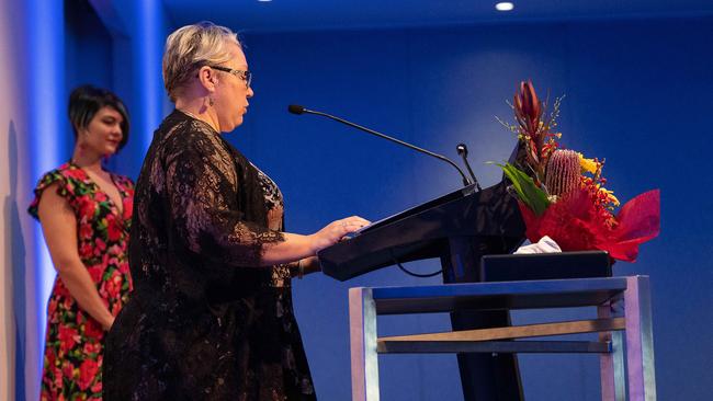 Samara Laverty speaks at the Public Memorial Service for her son, Declan Laverty. Photo: Pema Tamang Pakhrin