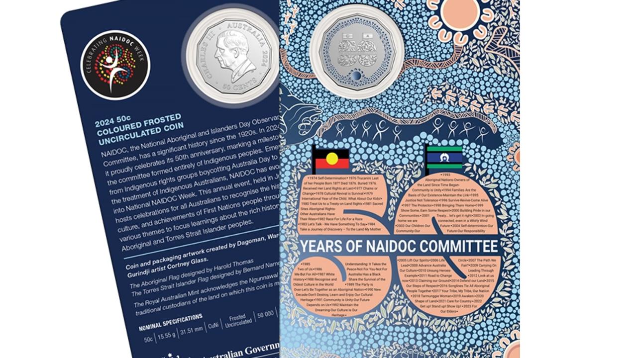 The Royal Australian Mint has released a collectable coin to celebrate 50 years of NAIDOC designed by Aboriginal artist Courtney Glass. Picture: Royal Australian Mint