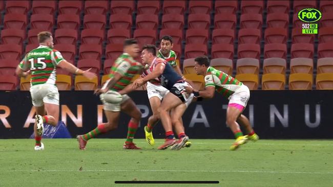 Latrell Mitchell was sent to the sin bin after this shoulder hit left former teammate Joey Manu sporting a damaged cheekbone. Picture: Fox Sports