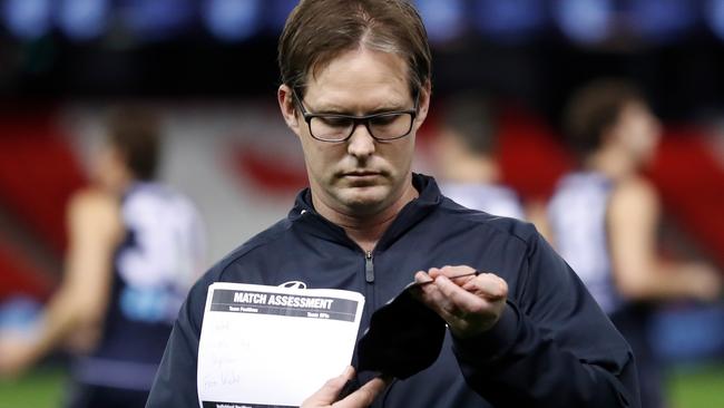 MELBOURNE, AUSTRALIA - AUGUST 21: David Teague, Senior Coach of the Blues looks on during the 2021 AFL Round 23 match between the Carlton Blues and the GWS Giants at Marvel Stadium on August 21, 2021 in Melbourne, Australia. (Photo by Michael Willson/AFL Photos via Getty Images)